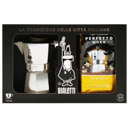 Bialetti набор Moka Express 3 порции и кофе молотый Vanigllia, 250 гр