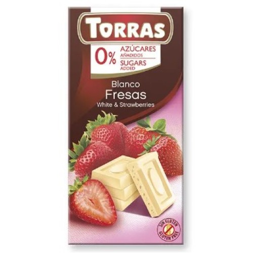 Torras белый шоколад без сахара с кусочками клубники, 75 гр