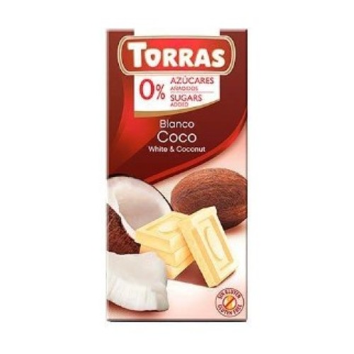 Torras белый шоколад без сахара с кокосовой стружкой, 75 гр