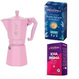 Гейзерная кофеварка розовая и два вида молотых кофе