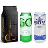 Кофе в зернах и 2 вида безалкогольного пива