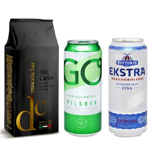 Кофе в зернах и 2 вида безалкогольного пива