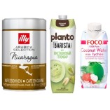 Кофе в зернах, напиток соевый и вода с соком личи