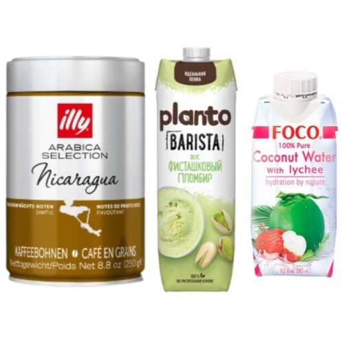 Кофе в зернах, напиток соевый и вода с соком личи Кофе в зернах, напиток соевый и вода с соком личи