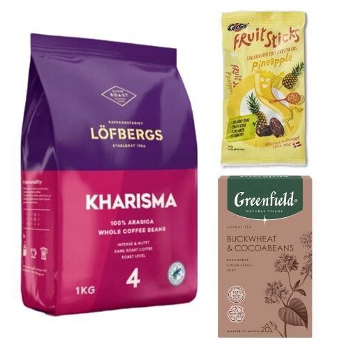 Кофе в зернах, финиковые батончики и травяной чай Кофе в зернах, финиковые батончики и травяной чай