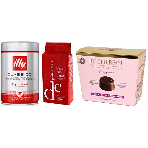 Кофе молотый два вида и конфеты с миндалем