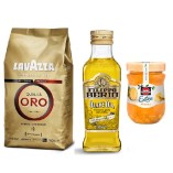 Кофе в зернах, масло оливковое и джем ананасовый