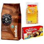 Кофе в зернах, сухой завтрак и печенье Choco Pie
