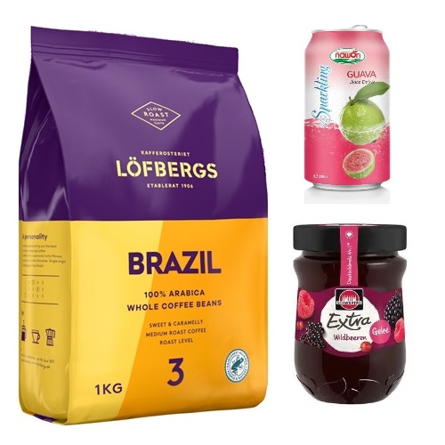 Кофе в зернах, сок Гуавы и желе лесная ягода