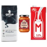 Кофе в зернах, молоко и горчица 